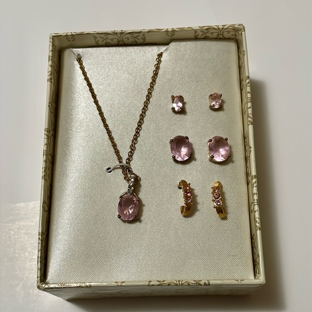 NIB Pink and Gold Earrings & 18” Necklace Collection Princessescore